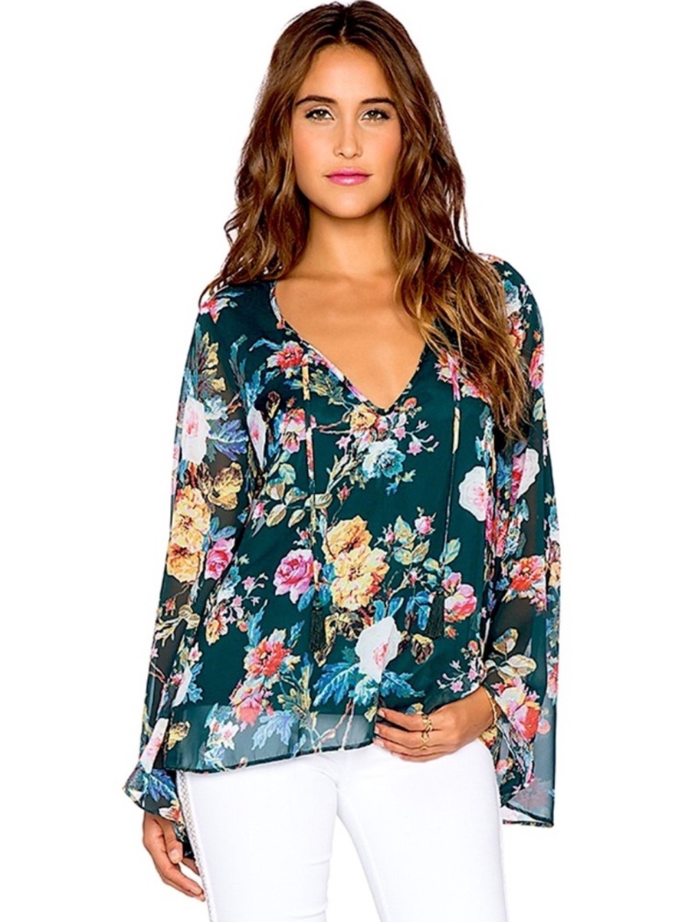 Show Me Your Mumu teal floral print bell sleeve top with tie neck detail
